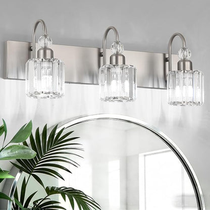 Ralbay Brushed Nickel Vanity Light for Bathroom Crystal 3-Light Modern Bathroom Light Fixtures