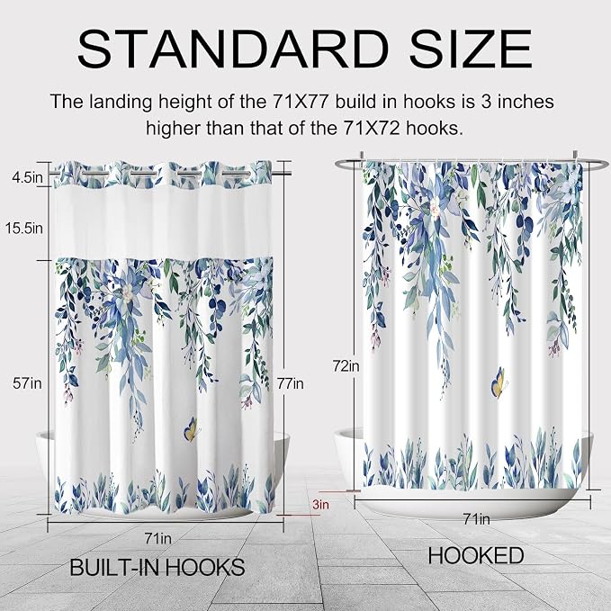No Hook Shower Curtain and Liner Set, Blue Eucalyptus 71x77 | Floral Design, with Snap in Liner, Waterproof, Machine Washable, Quick-Drying, for Hotel Bathroom