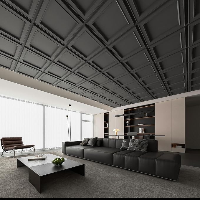 WOWSTAR 12-Pack 24"x24" Drop Ceiling Tiles, Waterproof Glue up Ceiling Panels, Modern Style 3D Wall Panels, Black | PVC ceiling panels, 24"x24", waterproof, glue-up install, basement kitchen bathroom, 12-pack, set D