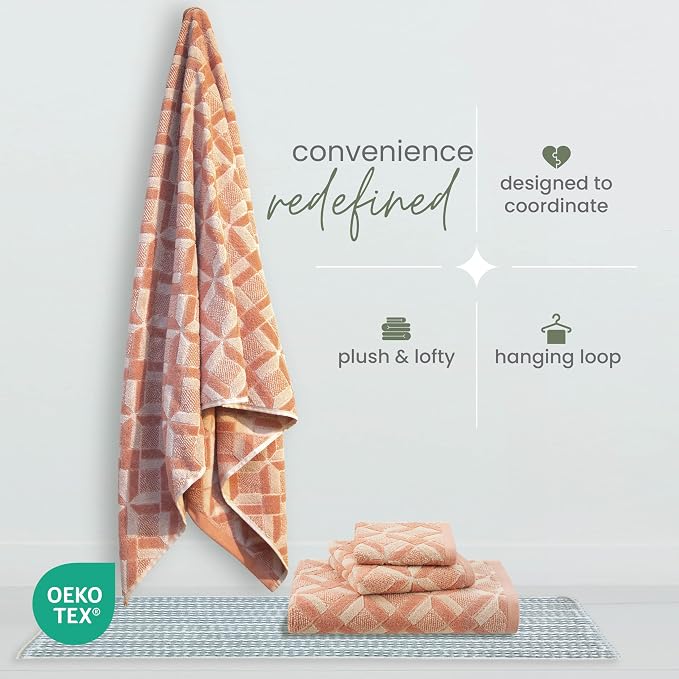 Martex Restore Geo Bath Towel – Soft, Absorbent, Moisture-Wicking and Quick to Dry – Lightweight for Everyday Use – Comfortable Feel with Convenient Loop for Hanging – 30" x 56" – Clay