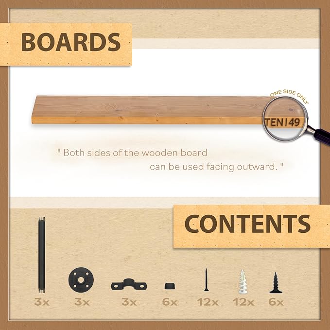 TEN49 Industrial Pipe Wood Wall Shelf - 60" Real Wooden Shelf w/ Special Walnut Color & 1.8" Extra Thickness - Modern Interior Decor Floating Shelving - Rustic Farmhouse Style Bookshelf - Set of 1