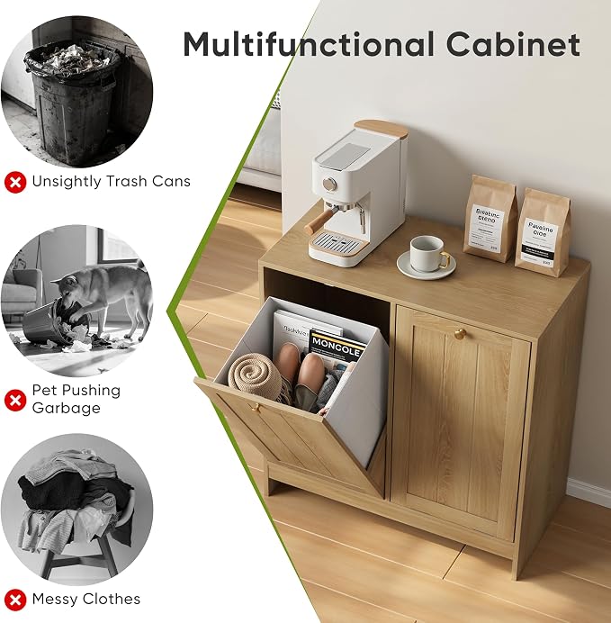 Smart FENDEE Double Tilt Out Laundry Hamper Cabinet, Small Hidden Trash Cabinets with 2 Baskets for Kitchen, Freestanding Bathroom Storage Cabinet Unit, Natural Oak