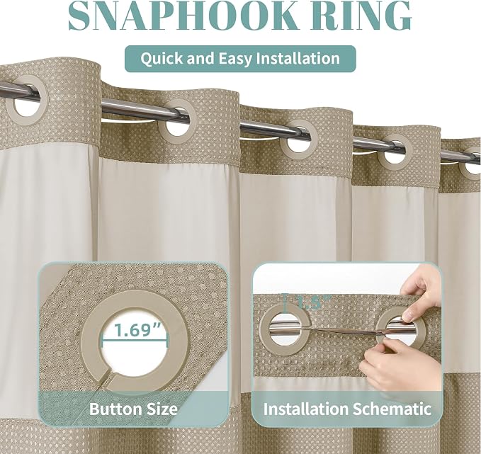 eachope No Hook Waffle Shower Curtain with Snap-in Liner, 71x80 Inch, Khaki | 230 GSM waffle weave fabric, waterproof liner set with 2 bottom magnets, mesh top window, washable, for bathroom or hotel use