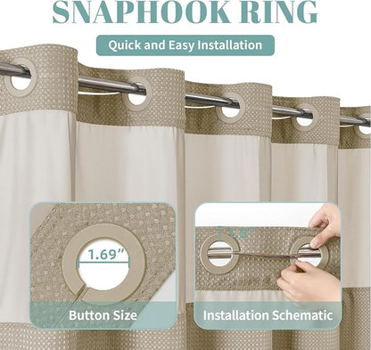 eachope No Hook Waffle Shower Curtain with Snap-in Liner, 71x77 Inch, Khaki | 230 GSM waffle weave fabric, waterproof liner set with 2 bottom magnets, mesh top window, washable, for bathroom or hotel use