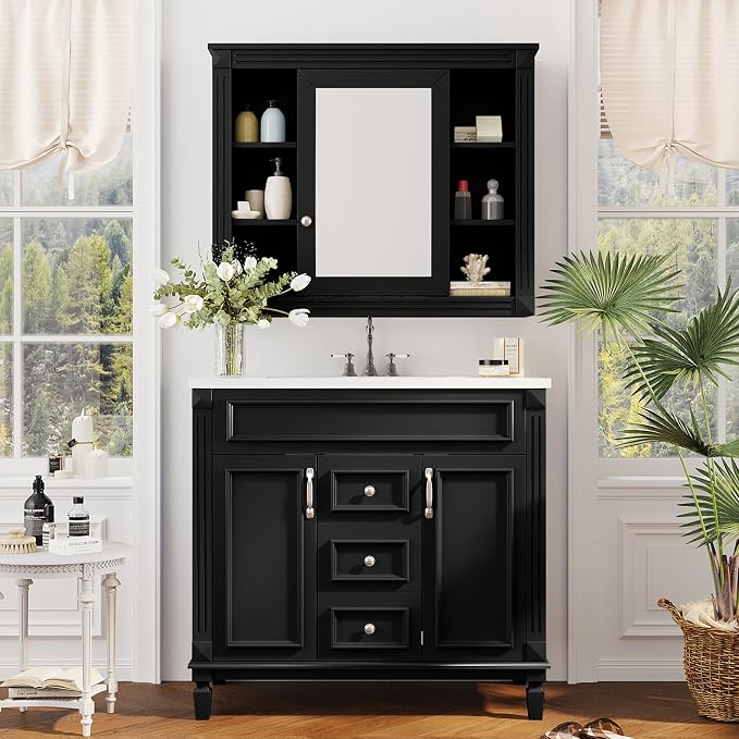 36" Bathroom Vanity with Top Sink, Mirror Cabinet, Modern Bathroom Storage Cabinet with 2 Soft Closing Doors and 2 Drawers, Single Sink Bathroom Vanity