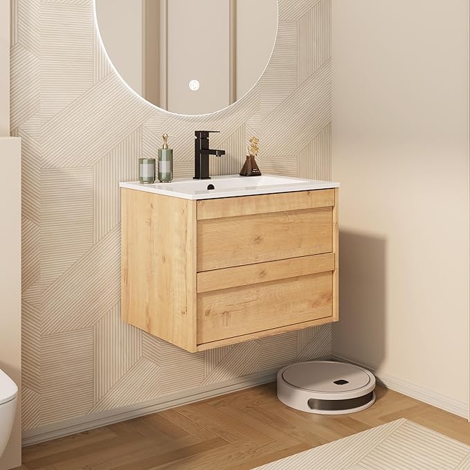 eclife 24" Floating Bathroom Vanity Sink Combo, Wall Mounted Modern Minimalist Storage Cabinet with 2 Drawers, Include Sink, Faucet & Drain, Natural