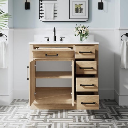 36-Inch Bathroom Vanity with Sink W/ 2 Doors & 4 Drawers & 1 Flip Drawer, Oak Vanity W/Matte Black Handles