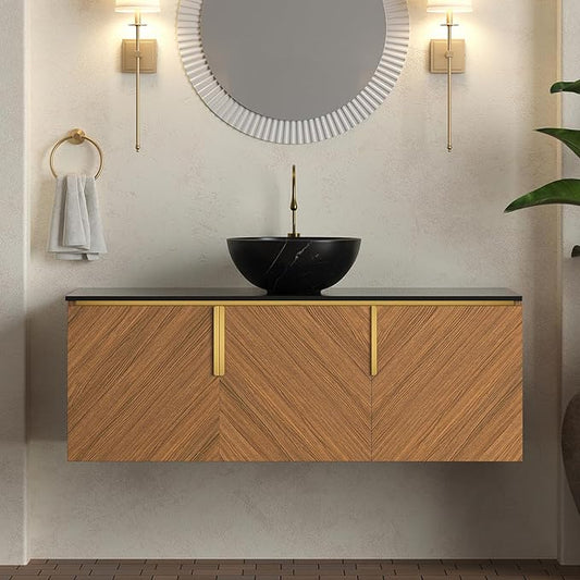 LKTART 48 Inch Bathroom Vanity with Sink, Modern Wall Mounted Bathroom Sink with 3 Doors, Black Sintered Stone Countertop and Black Bowl Ceramic Basin