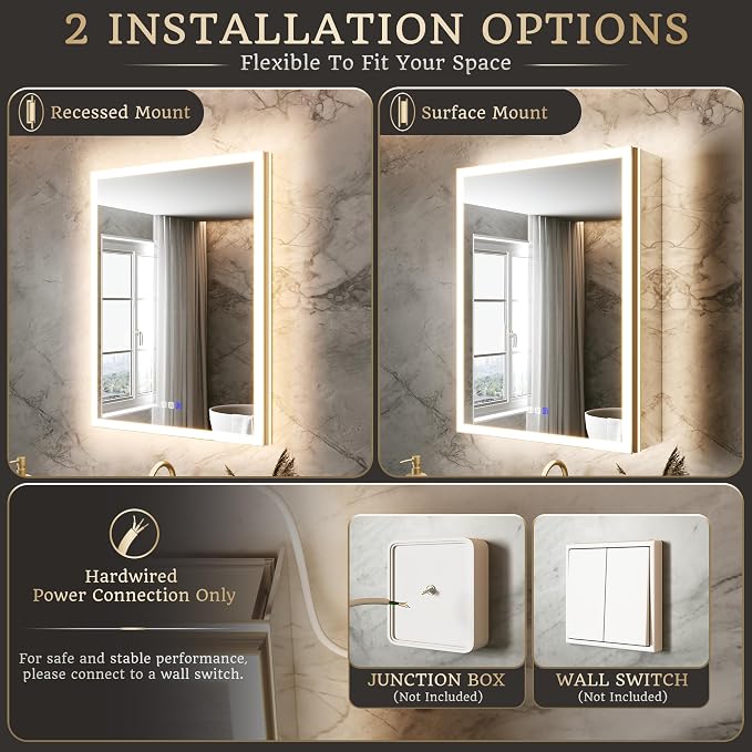 24x32 Lighted Medicine Cabinet, Separate Front & Back Lights | Surface/Recessed LED Medicine Cabinet for Bathroom with Side Mirrors, Dimmable Light, Anti-Fog, Memory,Silver Aluminum Frame