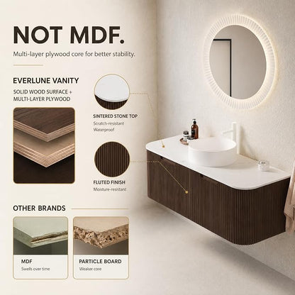 48 Inch Bathroom Vanity with Sink, Floating Wall Mounted Single Sink Vanity, Dark Walnut Curved Fluted Front, Stone Top, Pure White Round Vessel Basin, Pre-Assembled
