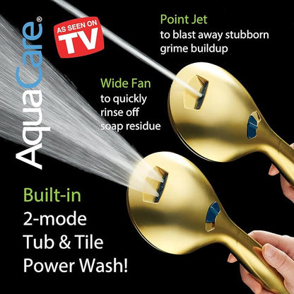 AquaCare New 8-mode High Pressure Handheld Shower Head w/ 2-way Power Wash | Stay Clean Nozzles, Dual Power Wash for Tub, Tile & Pets, Long 6 ft. Stainless Steel Hose, Wall & Overhead Brackets / Gold