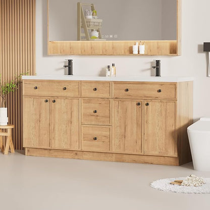 LUCKWIND 72" Bathroom Vanity Sink Combo, Modern Bathroom Cabinet with Double Undermount Solid Surface Vanity Sink, Soft-Close Hinges & Water-Saving Faucet, Natural