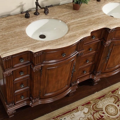 HYP-0722-T-UIC-72 Travertine Stone Top Double Sink Bathroom Vanity with Furniture Bath Cabinet, 72", Medium Wood