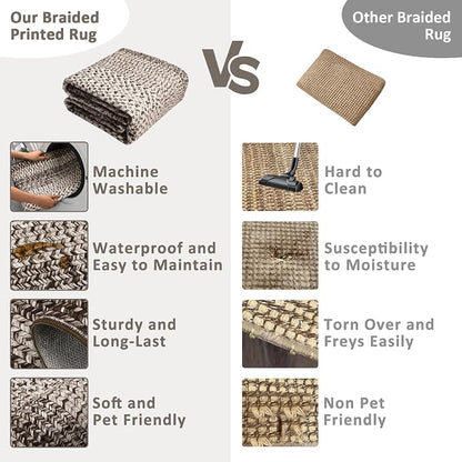 Imitation Braided Collection-Print 10x13 Area Rug for Living Room Large Washable Rug Non-Slip Non-Shedding Stain Resistant Thin Foldable Floor Cover Carpet for Bedroom Dining Room Classroom