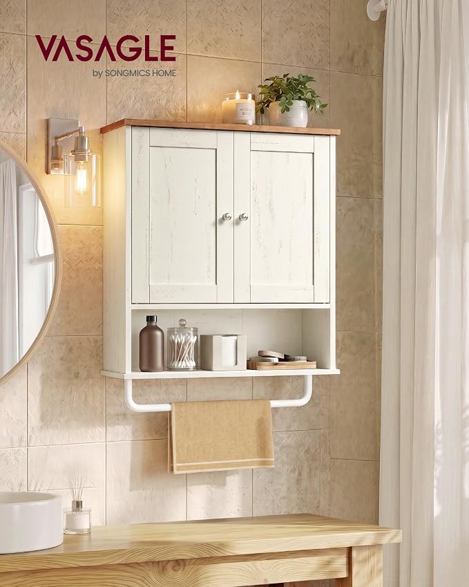 VASAGLE SIREN Collection Bathroom Wall Cabinet, Hanging Storage | Bathroom storage cabinet, with towel rod, farmhouse, adjustable shelf, and doors, 7.9 x 20 x 23.6 Inches UBBK149WJ01S