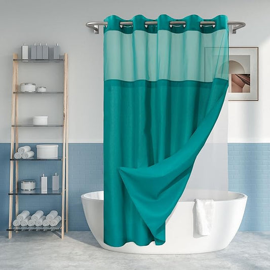 River Dream No Hook Slub Textured Shower Curtain with Snap-in PEVA Liner Set - 71" x 74"(72"), Hotel Style with See Through Top Window, Machine Washable & Water Repellent, Teal, 71x74