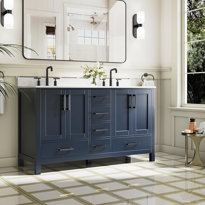 60-Inch Bathroom Vanity with Sink, 4 Soft-Close Doors and 6 Soft-Close Drawers, Bathroom Freestanding Vanity with Cultured Marble Countertop, Navy Blue Vanity with Matte Black Handles