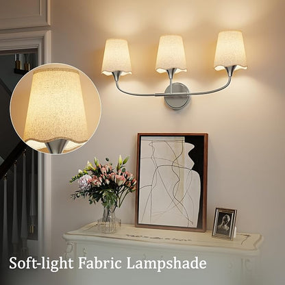 Morauroral Bathroom Light Fixtures Over Mirror, 3 Light Vanity Light for Bathroom, Brushed Nickel Vanity Light Fixtures with Fabric Linen Shade, E26 Socket Sconce Wall Decor(ETL Listed)