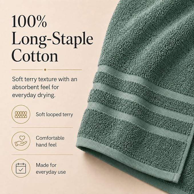 Velqora Bath Towels, 4 Pack, 30x60 in, 100% Cotton, Soft, Sage Green | Absorbent Terry | Balanced Weight | Easy Care