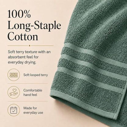 Velqora Bath Towels, 2 Pack, 30x60 in, 100% Cotton, Soft, Sage Green | Absorbent Terry | Balanced Weight | Easy Care