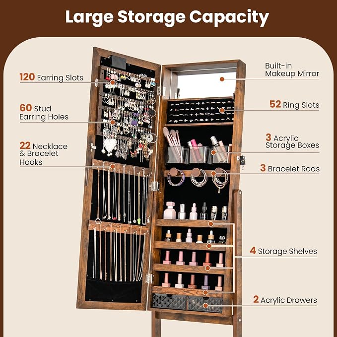 GOFLAME Jewelry Armoire Cabinet Standing, Lockable Full Length Mirror with Storage Shelves and 2 Drawers, Adjustable Tilt Angles, Stand Up Jewelry Box with Lighted Mirror (Rustic Brown)