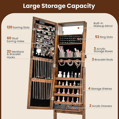 GOFLAME Jewelry Armoire Cabinet Standing, Lockable Full Length Mirror with Storage Shelves and 2 Drawers, Adjustable Tilt Angles, Stand Up Jewelry Box with Lighted Mirror (Rustic Brown)