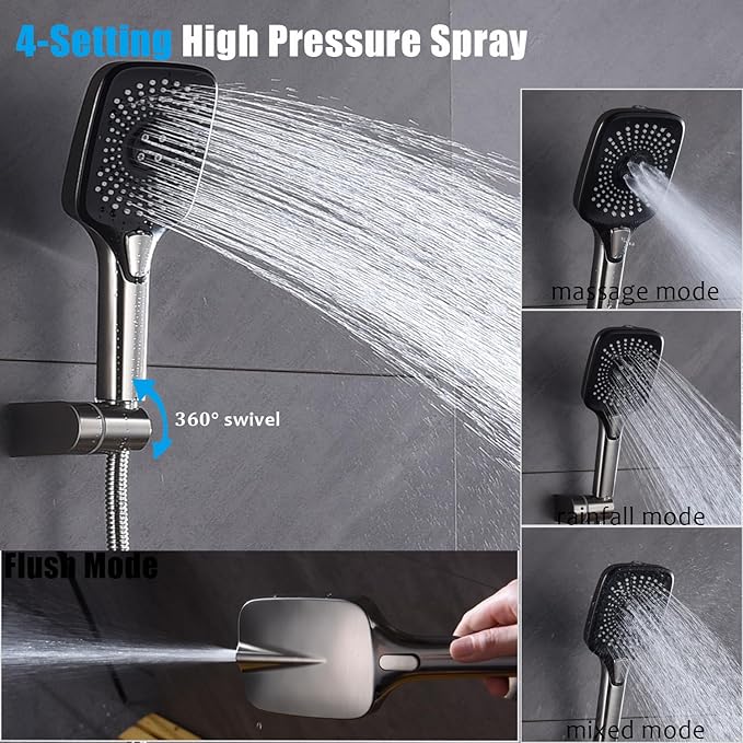 Shower Faucet Set with Tub Spout Brushed Nickel 10 Inch Rainfall Shower 4 Setting Spray Mixer Shower System Modern Luxury Wall Mounted Tub Shower Faucet Set Rough-in Valve Body (Brushed Nickel)
