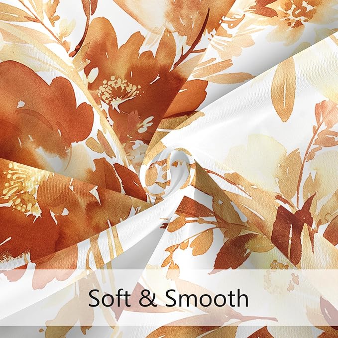Extra Long Shower Curtain 72 x 84 Inch, Tall Orange Fall Floral Decor | Burnt Orange Fall Watercolor Floral Modern Abstract Flower Bathroom Fabric Shower Curtain Set with Hooks