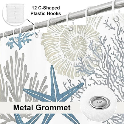 Cute Summer Ocean Shower Curtain Modern Luxury Coastal Seashell Nautical | Nature Shower Curtains for Bathroom, Waterproof Bath Curtain with Hooks Machine Washable Bathtub Curtains 72x84 Inch Blue