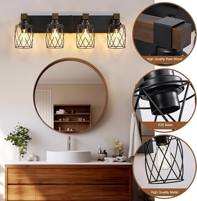 Farmhouse 4-Light Wood Bathroom Vanity Light, Black Metal Cage Shade | Mounted Over Mirror, Industrial Rustic Style, Ideal for Bathroom, Bedroom, Hallway & Living Room, Easy To Install