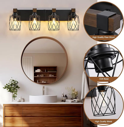 Farmhouse 4-Light Wood Bathroom Vanity Light, Black Metal Cage Shade | Mounted Over Mirror, Industrial Rustic Style, Ideal for Bathroom, Bedroom, Hallway & Living Room, Easy To Install