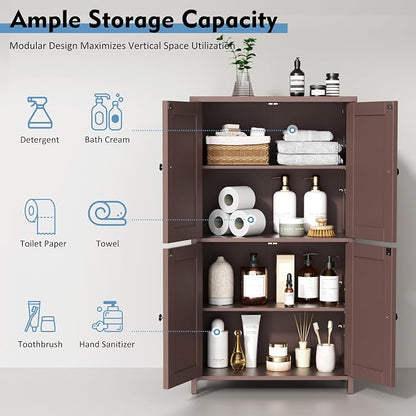 Shintenchi Bathroom Storage Cabinet with Doors and Shelves, Floor Cabinets for Washroom Furniture, Laundry Room, Organization with Adjustable Shelf, Brown