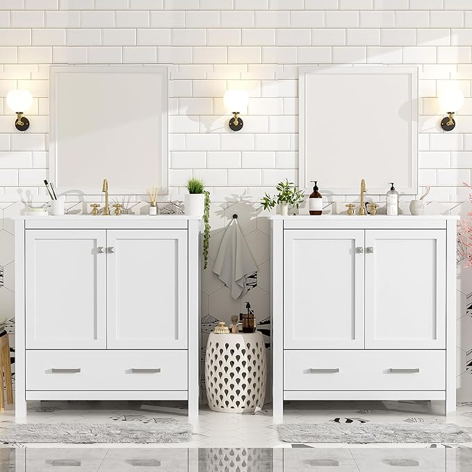 60" White Bathroom Vanity with Double Sink, 60 Inch Bathroom Vanity Set with Double Vanities (Separate), 2 Bathroom Vanities with Sink, Storage Shelf, and Divided Drawers (Mirror not included)