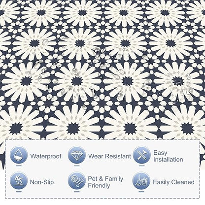 MORCART 20PCS 7.87" x 7.87" Peel and Stick Floor Tile,Dark Blue Floral Look | Self-Adhesive DIY Vinyl Flooring, Removable and Waterproof Tile Sticker for Bathroom, Kitchen, Wall, Bedroom, Stairs