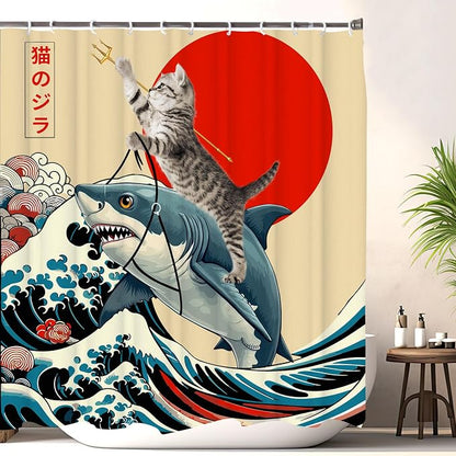 Funny Japanese Cat Shower Curtain, Vintage Cat Riding Shark Japan Anime Sunset Wave Waterproof Shower Curtain with Hooks, Animal Fabric Shower Curtains Bathroom Decor 72X72inches