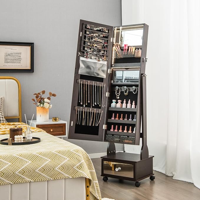 GOFLAME Standing Jewelry Cabinet Armoire with Wheels, Lockable Jewelry Storage Organizer with Full Length Mirror, 3-Color LED Lights, Interior Makeup Mirror, Jewelry Armoire for Bedroom (Brown)