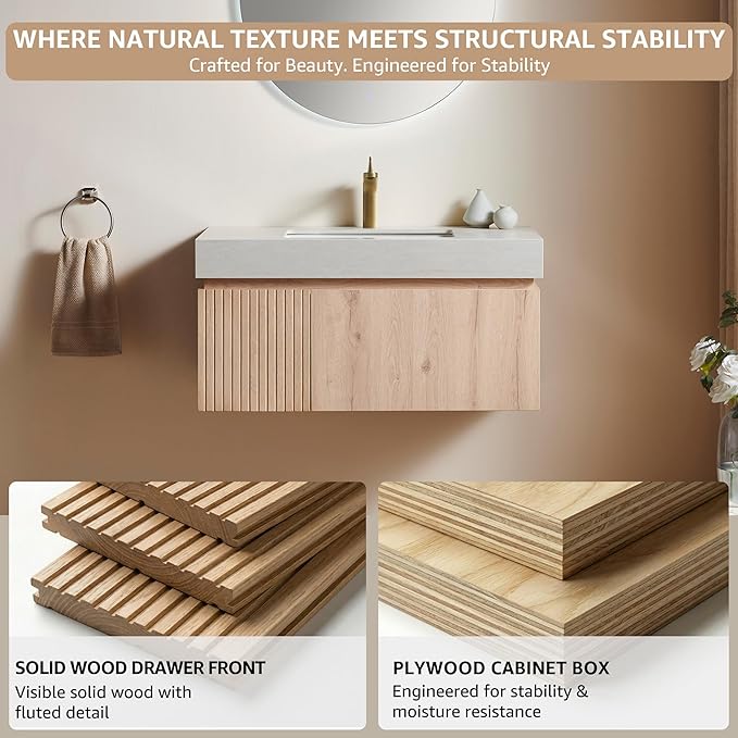 30” Floating Bathroom Vanity with Sink, Wall-Mounted Cabinet with Drawer & Doors, Roma Travertine-Pattern Countertop, Undermount Basin, Single Faucet Hole, Soft-Close, Pre-Assembled, Light Oak