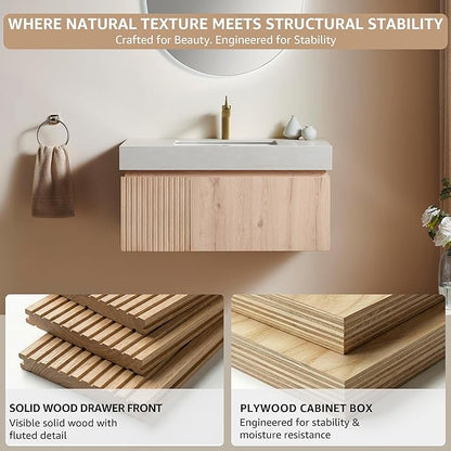 30” Floating Bathroom Vanity with Sink, Wall-Mounted Cabinet with Drawer & Doors, Roma Travertine-Pattern Countertop, Undermount Basin, Single Faucet Hole, Soft-Close, Pre-Assembled, Light Oak
