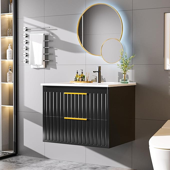 24" Bathroom Vanity with Sink, Floating Vanity Bathroom Sink Cabinet Wall Mount, Soft-Close Function 2 Large Drawers, Grooved Stripe Design, Hidden Damping Drawers, Black