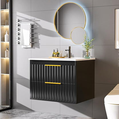 24" Bathroom Vanity with Sink, Floating Vanity Bathroom Sink Cabinet Wall Mount, Soft-Close Function 2 Large Drawers, Grooved Stripe Design, Hidden Damping Drawers, Black