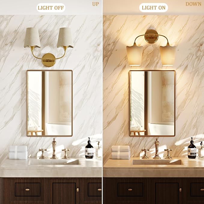 Morauroral Bathroom Light Fixtures Over Mirror, 2 Light Vanity Lights for Bathroom, Gold Vanity Lighting Fixtures with Fabric Linen Shade, E26 Socket Modern Sconce Wall Decor (ETL Listed)