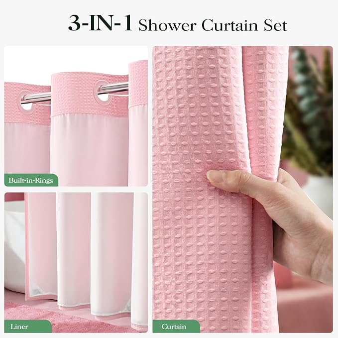Pink Hook Free Waffle Shower Curtain & Snap-in Fabric Liner,72x75 | Less Time to install, 3 in 1 Fabric Shower Curtain and Liner Set with Magnets, Mesh Top Window, Shower Curtains for Bathroom