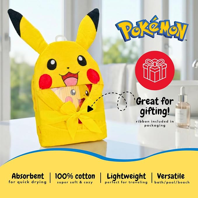 Pokemon Pikachu Kids Super Soft Bath/Pool/Beach Soft Cotton Terry Hooded Towel Wrap, 24 in x 50 in, (Officially Licensed Product) By Franco