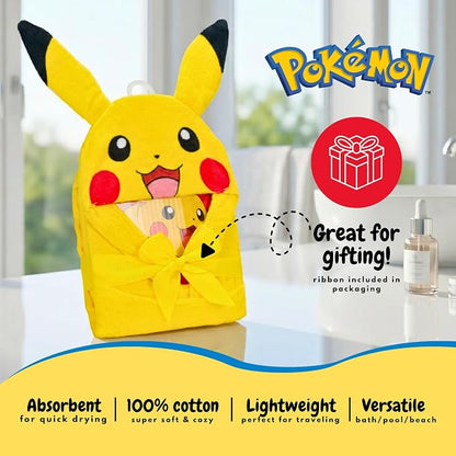 Pokemon Pikachu Kids Super Soft Bath/Pool/Beach Soft Cotton Terry Hooded Towel Wrap, 24 in x 50 in, (Officially Licensed Product) By Franco