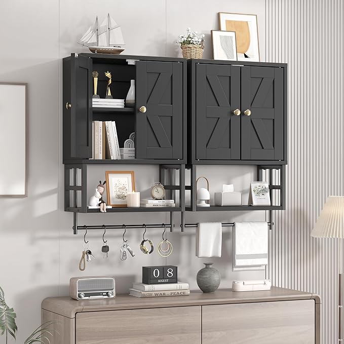 Farmhouse Medicine Cabinet - 3-Tier Wall Mounted Storage Organizer with Adjustable Shelves, Towel Bar, 5 Hooks for Small Bathroom, Laundry Room, Over Toilet, Living Room, Bedroom (Black)