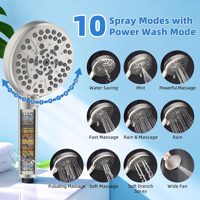 10" Metal Rain Filtered Shower Head with Handheld, 10 Modes, Easy Reach | Brushed Nickel, High-Pressure Rainfall Showerhead, 4-Way Diverter Pause Mode, Adjustable 16" Extension Arm, 20-Stage Filter