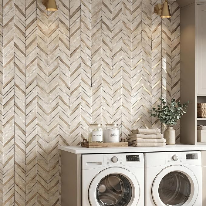 Yipscazo 10-Sheet Herringbone Backsplash Peel and Stick Tile, Light Beig Stone PVC Stick on Backsplash for Kitchen, Waterproof Self Adhesive Wall Tile for Bathroom
