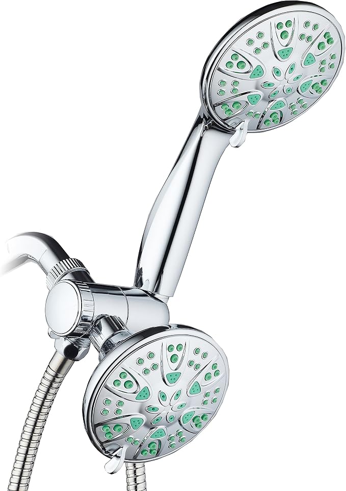 AquaDance Antimicrobial/Anti-Clog High-Pressure 30-setting Dual Head Combination Shower with Microban Nozzle Protection From Growth of Mold, Mildew & Bacteria for a Healthier Shower– Coral Green, 4 In