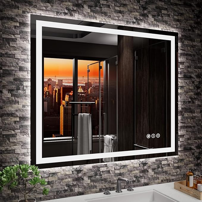 LED Mirror for Bathroom, 36"x30" with Front Light and Backlight | Stepless Dimmable, Anti-Fog, Shatter-Proof, HD Reflection, Memory, 3 Colors Lighting, UL Listed (Horizontal/Vertical).