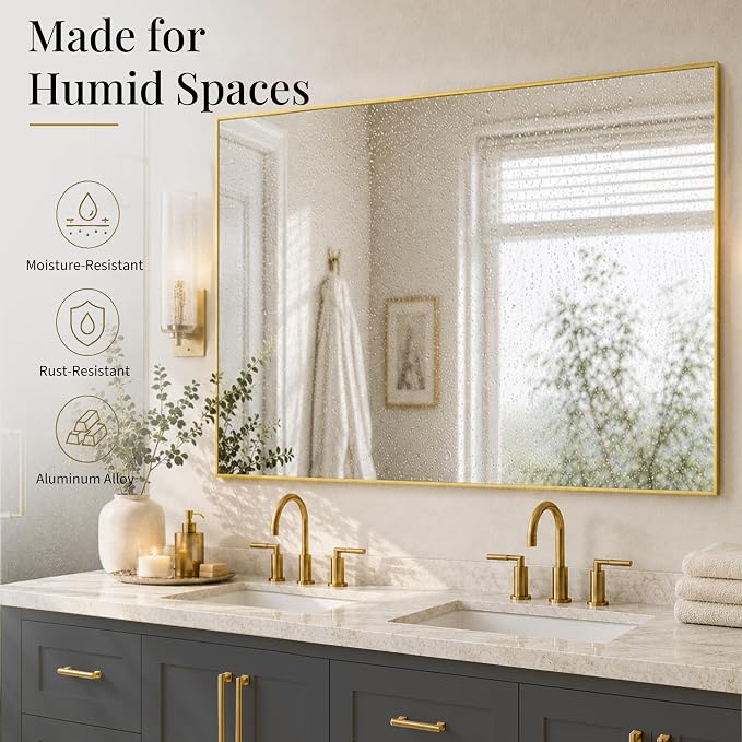 48"x30" Brushed Gold Large Framed Bathroom Vanity Wall Mirror | Large Vanity Wall Mirror, Slim Metal Frame, Dresser or Sideboard Use, Vertical/Horizontal Mount, Tempered Glass